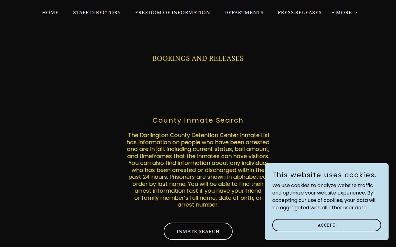 Darlington County Sheriff booking and release search interface