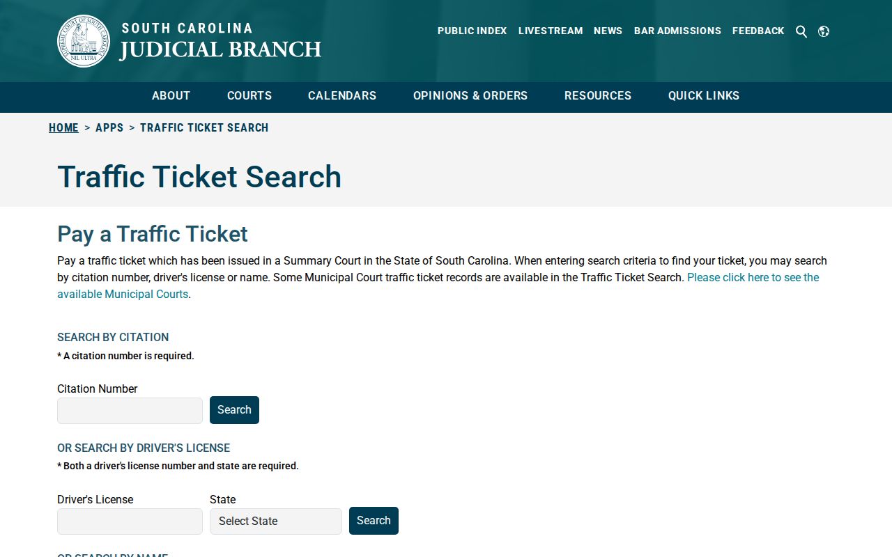 South Carolina traffic ticket search with citation, license, and name fields