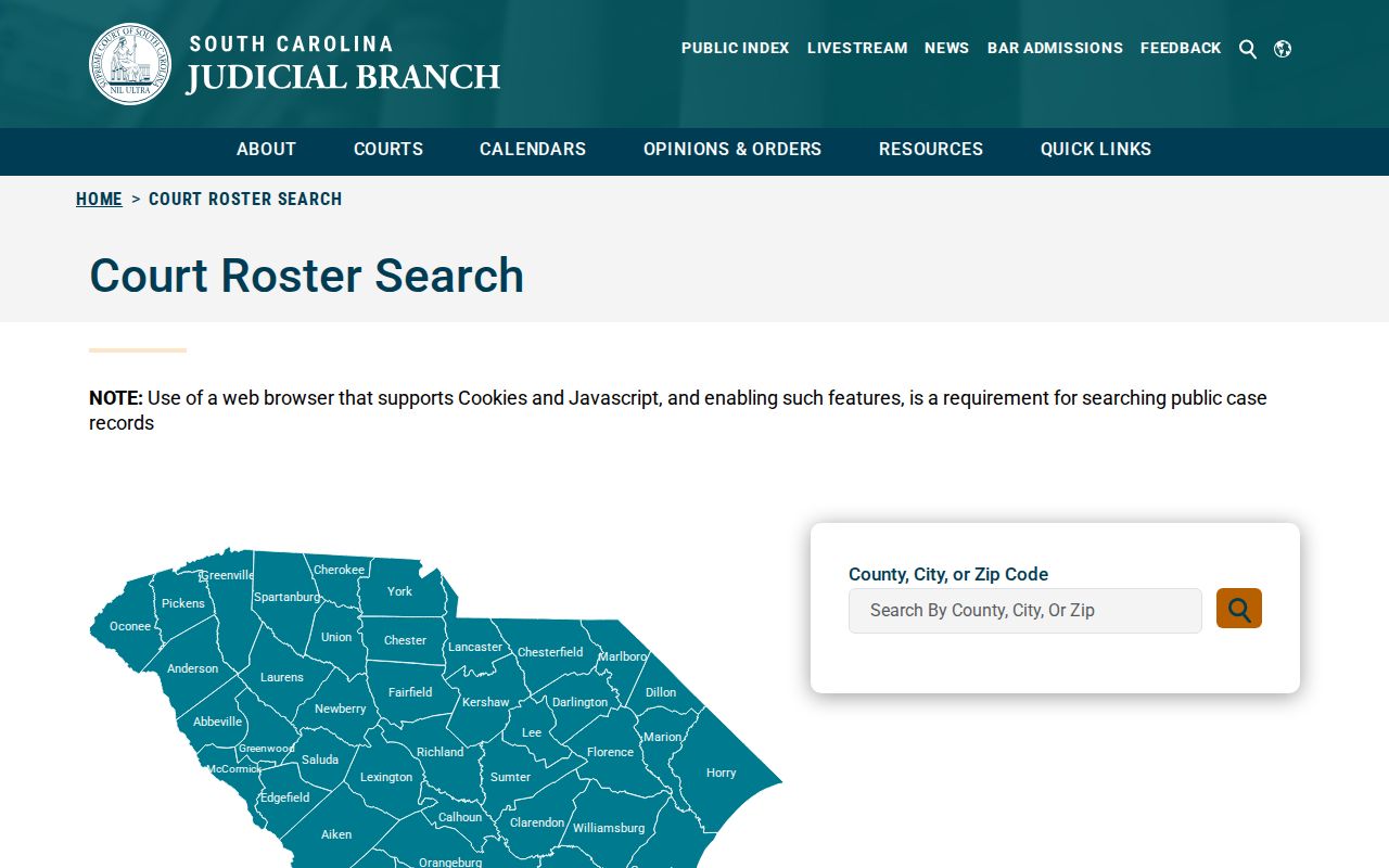 South Carolina court roster search options for county, city, and ZIP
