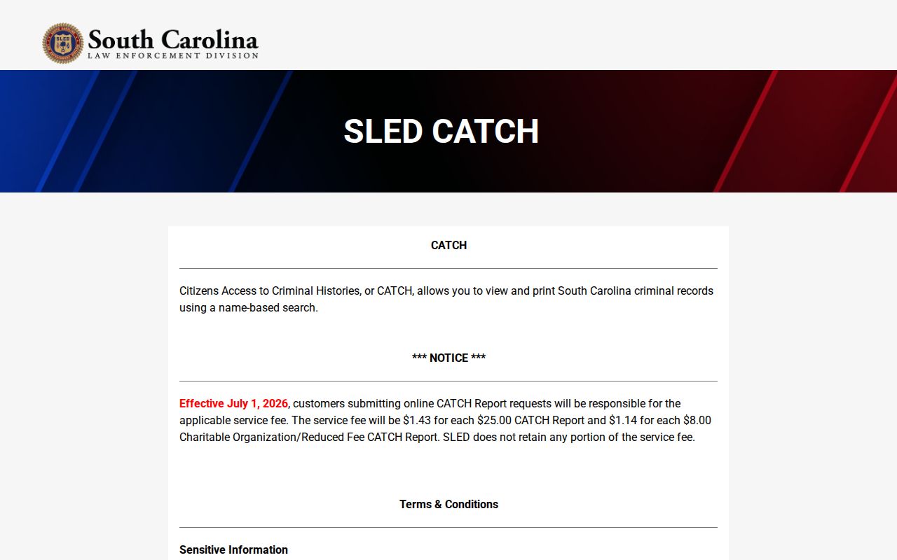 SLED CATCH criminal-history search notice excluding wanted persons
