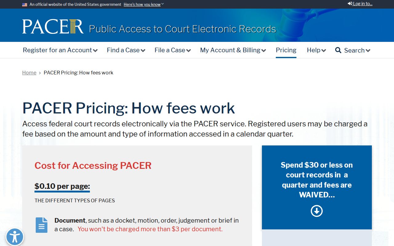 Federal PACER docket and document access fee information