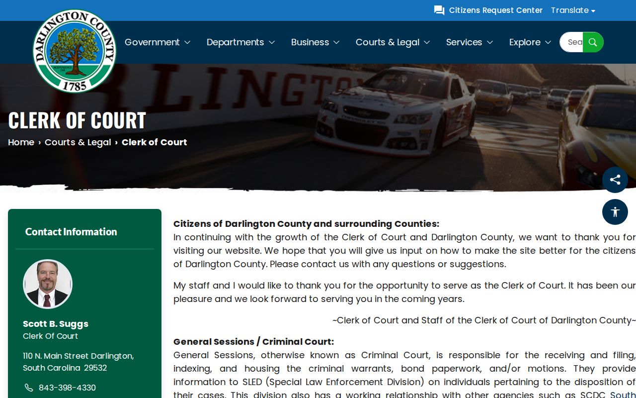 Darlington County Clerk of Court criminal-record and warrant-document page