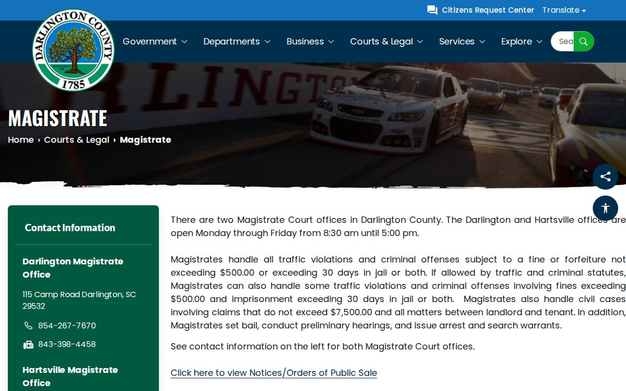 Darlington County Magistrate office table showing local routing and jurisdiction